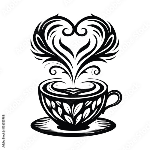 Ornate Cup Black and White Decorative Coffee Mug with HeartShaped Steam