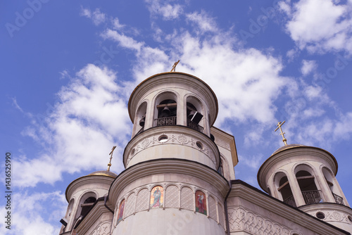 Church of the Ascension of the Lord in Zvenigorod, summer day, sky with clouds