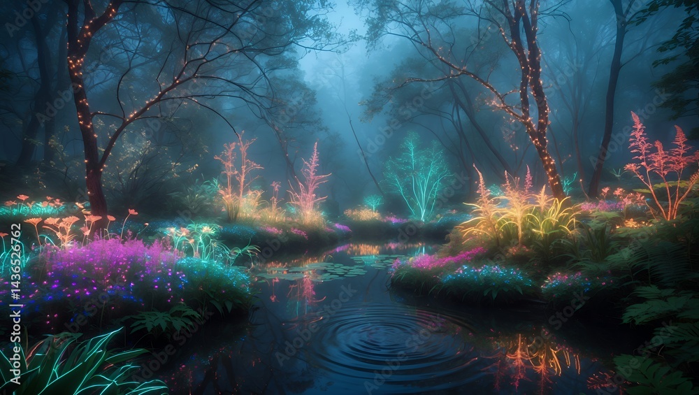 Obraz premium Glowing garden in foggy forest with water ripples
