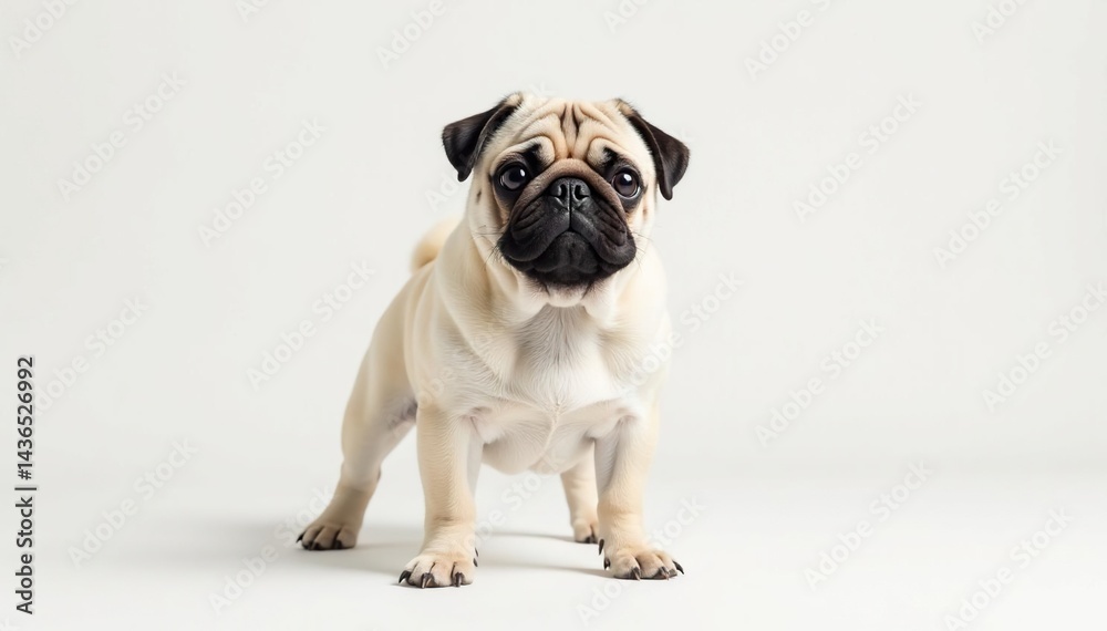 A single pug, facing forward, against a bright white backdrop, studio, brown, pet