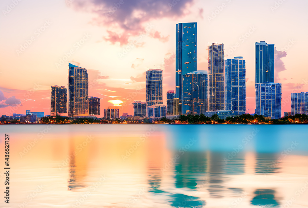 Naklejka premium Stylized illustration of a city skyline reflected in water with bright colors and elongated shadows, high quality, generative ai