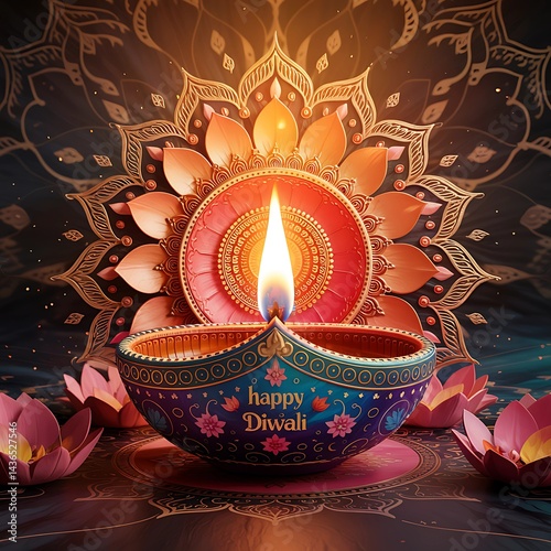 Elegant Diwali Diya with Vibrant Lotus and Ornate Mandala Background