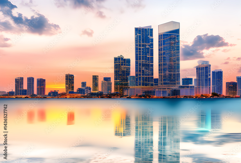 Obraz premium Stylized illustration of a city skyline reflected in water with bright colors and elongated shadows, high quality, generative ai