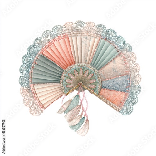 a beautiful stitch watercolor illustration of a paper fan with fabric textures and soft lace accents