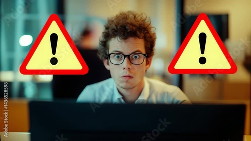 Employee hesitating while reading urgent scam email with warning signs  