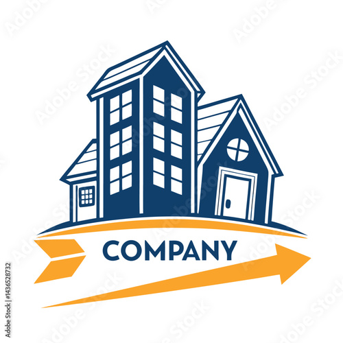 Three navy blue houses over arrow banner with word COMPANY on white background