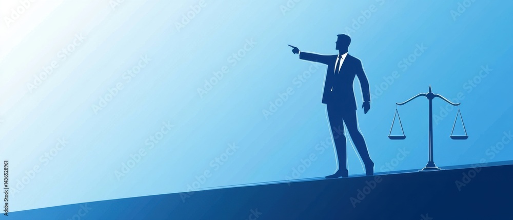 Fototapeta premium Silhouette of a confident businessman pointing forward with scales of justice, representing legal direction, leadership, and ethical guidance in business
