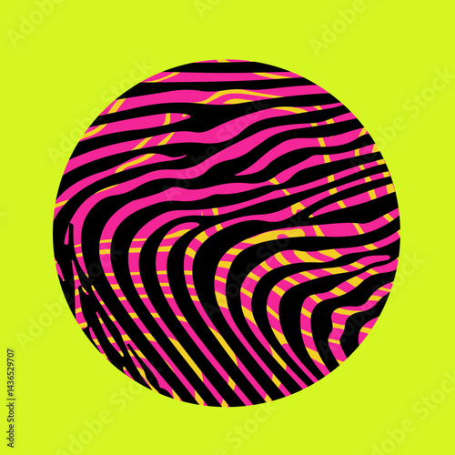 Vector illustration of a black and pink circle with wavy, psychedelic lines on a bright yellow background. The abstract pattern creates a vibrant, optical, and retro effect.