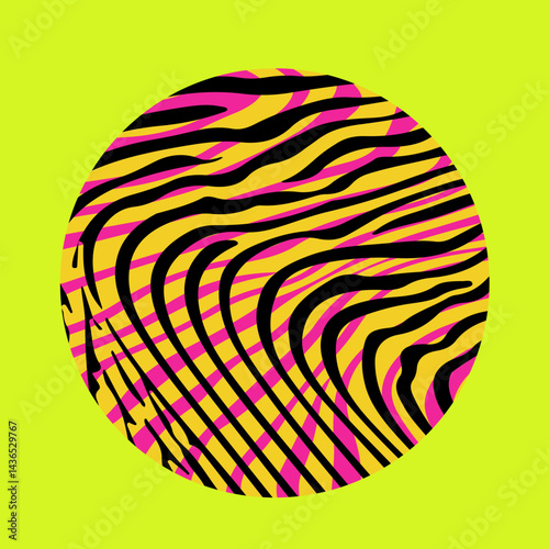 Vector illustration of a black and pink circle with wavy, psychedelic lines on a bright yellow background. The abstract pattern creates a vibrant, optical, and retro effect.