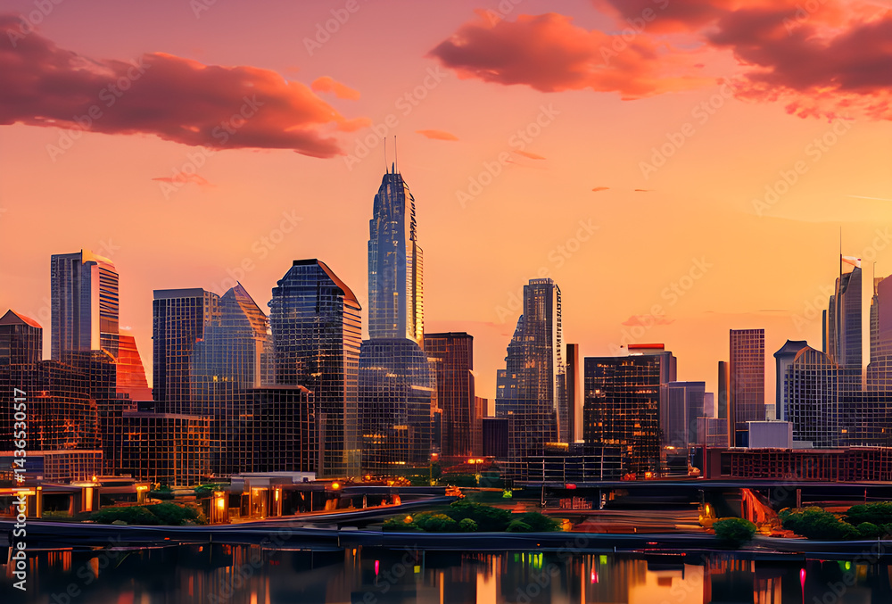 Obraz premium Stylized illustration of a city skyline reflected in water with bright colors and elongated shadows, high quality, generative ai