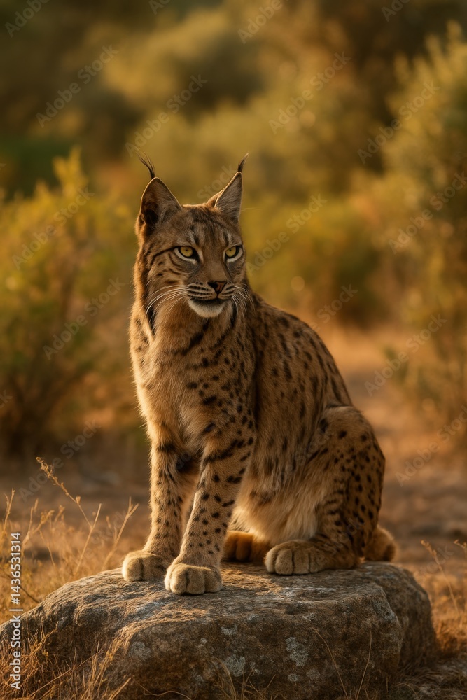Fototapeta premium Iberian lynx perched alertly on a rock in warm Mediterranean light. AI-generated