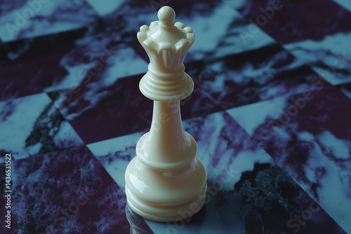 White Chess Queen on Marbled Chessboard