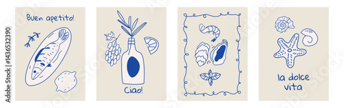 Set of hand drawn vintage posters in dolce vita style. Vector illustration of italian style hand drawn posters. Illustration for invitations, menus design. Breakfast, lunch, dinner concept.	