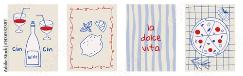 Set of hand drawn vintage posters in dolce vita style. Vector illustration of italian style hand drawn posters. Illustration for invitations, menus design. Breakfast, lunch, dinner concept.
