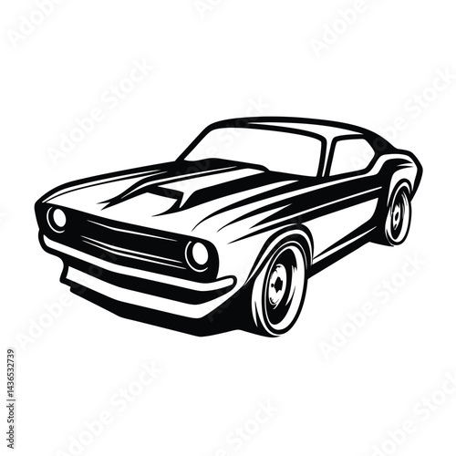 Classic Muscle Car Outline Black & White Automotive Icon, Vintage Style Vehicle Art