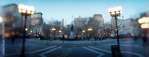 Panoramic view of lampposts lit up at town square, Union Square, New York City, New York State, USA.