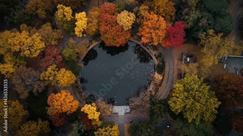 Autumnal Park Pond, Aerial View