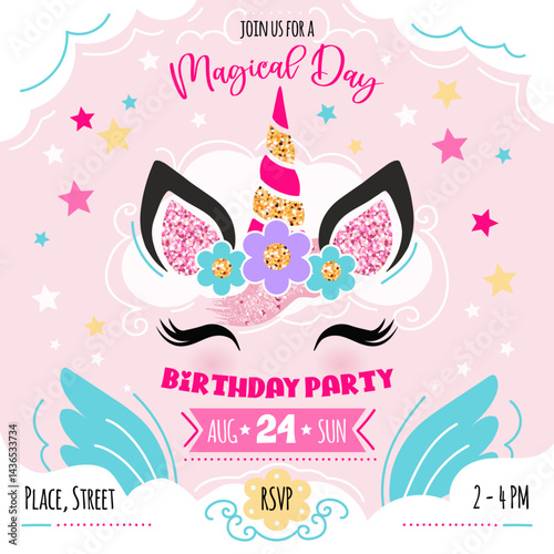 Unicorn invitation card, birthday party, Magical day, fabulous animals, cute, glitter, sequin, pink background,  template vector illustration