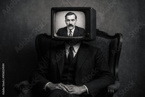 Surreal monochrome concept: Man in suit sits, vintage TV replacing head, displays stern propagandist portrait. Symbolizes media influence, mind control.