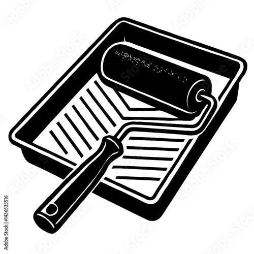 Paint Roller in Tray - Black and White Illustration for Painting, DIY, Home Improvement, or Graphic Themes
