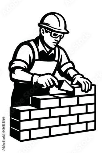 Bricklayer Building Wall with Trowel - Black and White Illustration for Masonry, Construction, Labor, or Graphic Themes