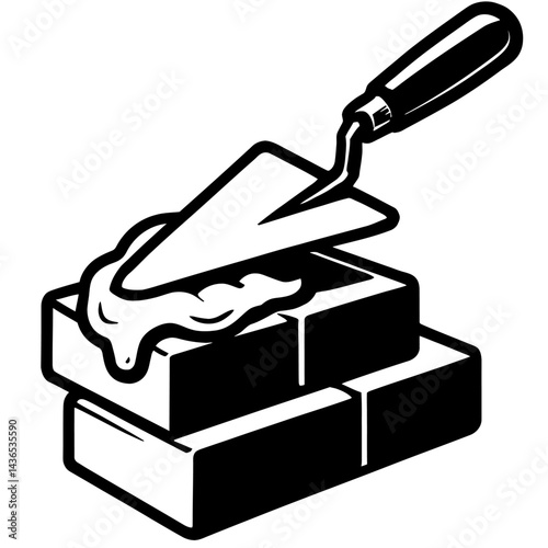 Trowel with Mortar on Bricks - Black and White Illustration for Masonry, Construction, DIY, or Graphic Themes