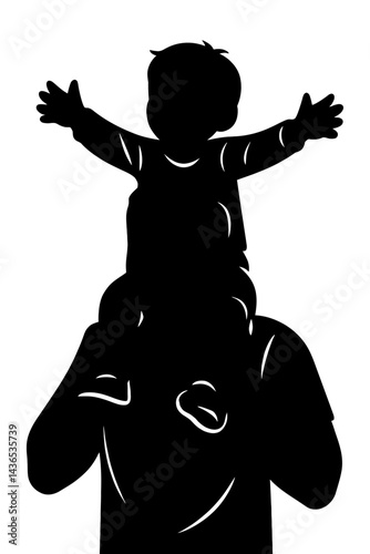 Child on Parent's Shoulders - Black and White Illustration for Family, Parenting, Joy, or Graphic Themes