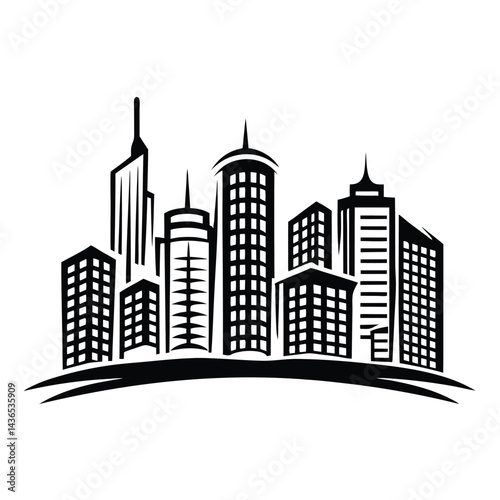 Black and White Cityscape Silhouette with Skyscrapers and Buildings Panorama View