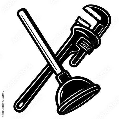 Plunger and Pipe Wrench - Black and White Illustration for Plumbing, Tools, Repair, or Graphic Themes