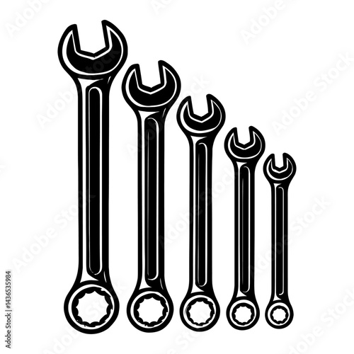 Set of Combination Wrenches - Black and White Illustration for Tools, Repair, Industry, or DIY Themes