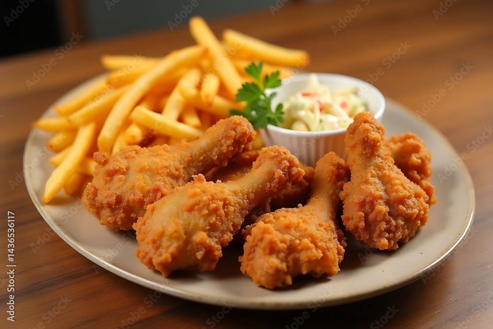 Crispy Fried Chicken Drumsticks: Close-up of Golden Brown Poultry with French Fries and Creamy Coleslaw on a Beige Plate. Crispy Fried Chicken Drumsticks: Close-up of Golden Brown Poultry with French Fries and Creamy Coleslaw on a Beige Plate.