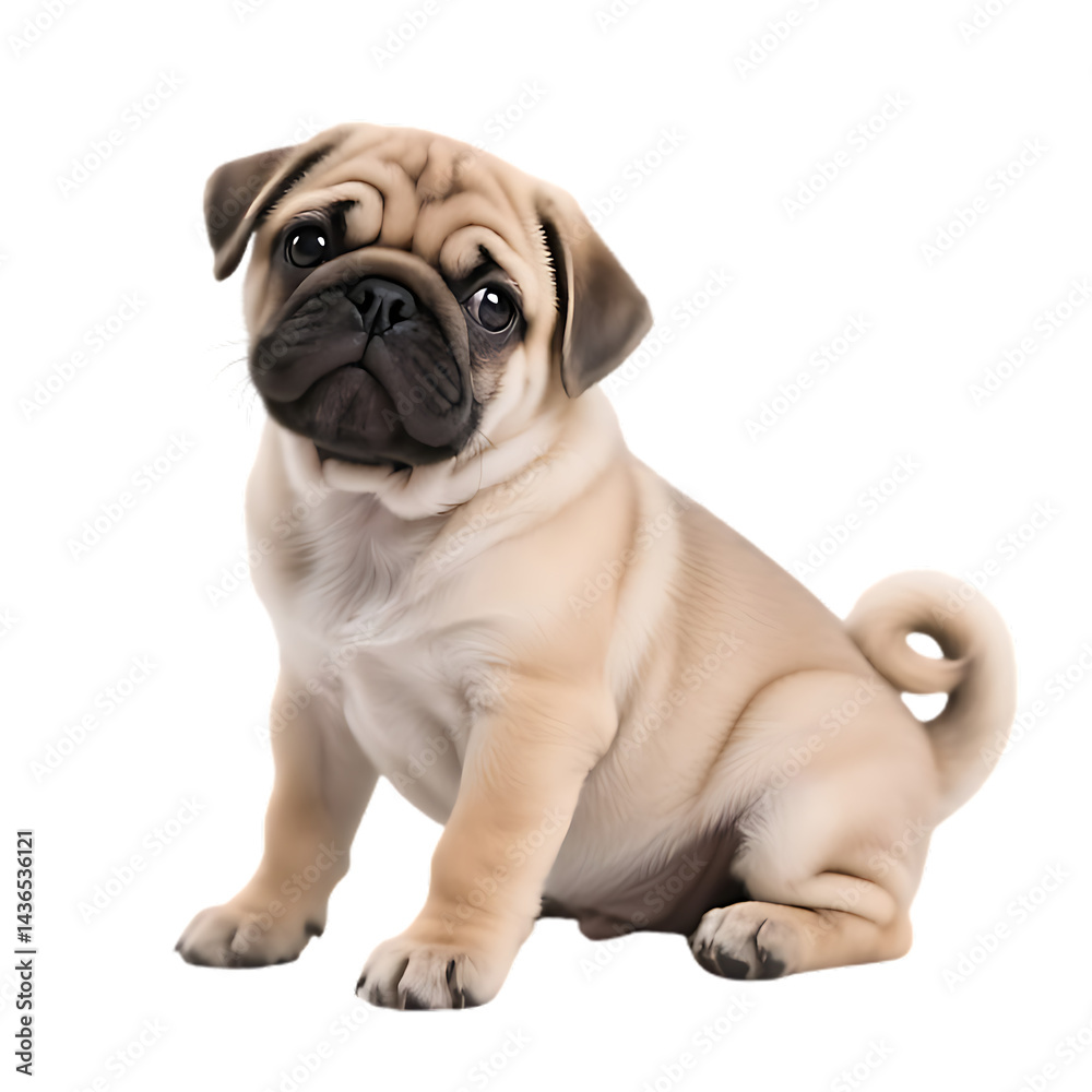 pug puppy, fawn color, wrinkled face, large eyes, curled tail, sitting pose pug puppy, fawn color, wrinkled face, large eyes, curled tail, sitting pose