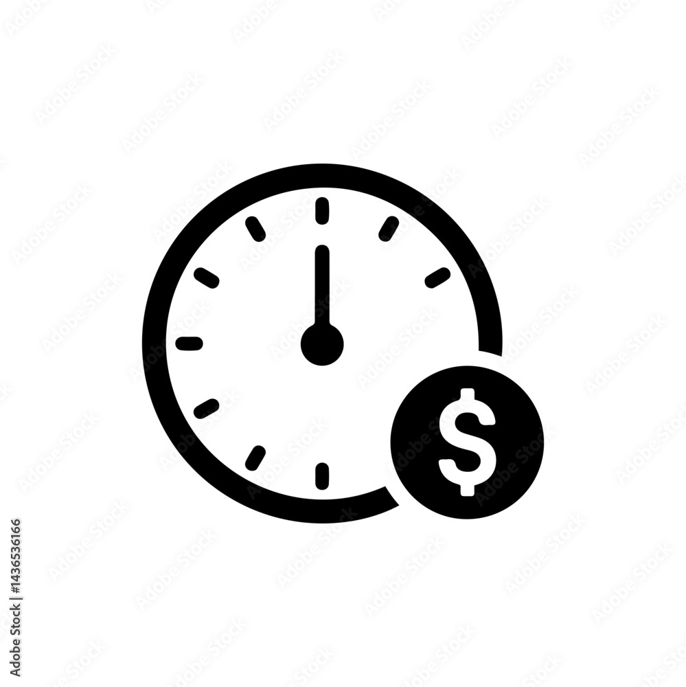 Black Icon of a Clock with Hour Hand as Dollar Sign Black Icon of a Clock with Hour Hand as Dollar Sign