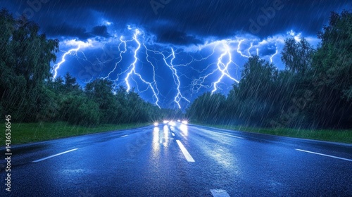 Night highway storm, lightning, rain, cars driving, dark trees