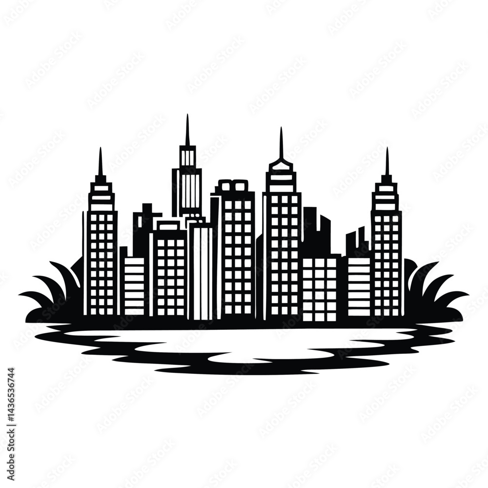 Obraz premium Black Silhouette of Cityscape, Modern Urban Skyline with Buildings and Reflection Pattern