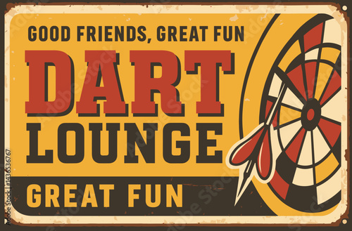 Vintage Dart Lounge Tin Sign – Dartboard & Darts Vector Illustration Template