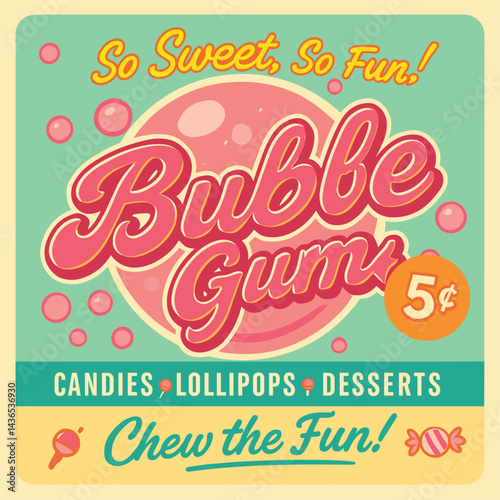 Vintage bubble gum poster template with retro typography and candy illustration, vector advertisement design for sweet shop or nostalgic confectionery decor