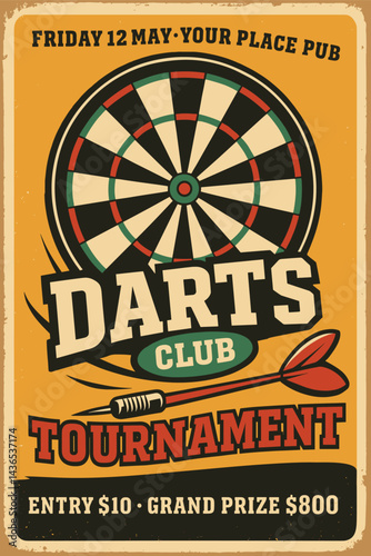 Darts Tournament Retro Poster Design – Dartboard And Arrow Flyer Advertisement, Competition Event Promo Vector Layout