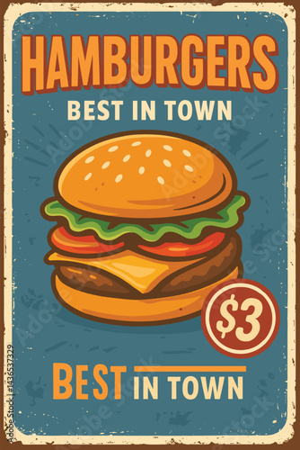 Retro Cheeseburger Poster – Vintage Fast Food Ad Template With Juicy Beef Burger Illustration For Restaurants
