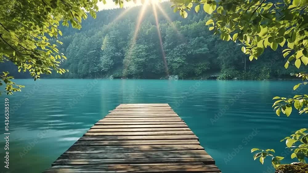 Serene wooden dock extending into a tranquil turquoise lake surrounded by lush greenery