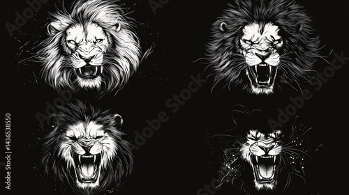 Four roaring lion heads, black background, graphic art, t-shirt design