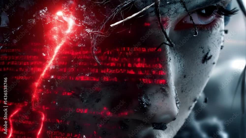 Futuristic female cyborg face cracked and illuminated by glowing red digital codes with exposed wires