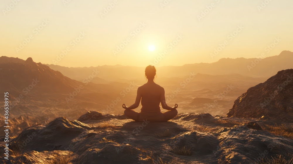 Sunrise Meditation Woman atop mountain finds inner peace Sunrise Meditation Woman atop mountain finds inner peace