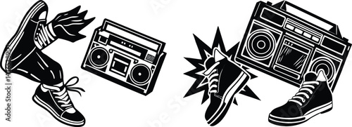 Stylized vector art of a breakdancer mid-spin, oversized boombox in the background