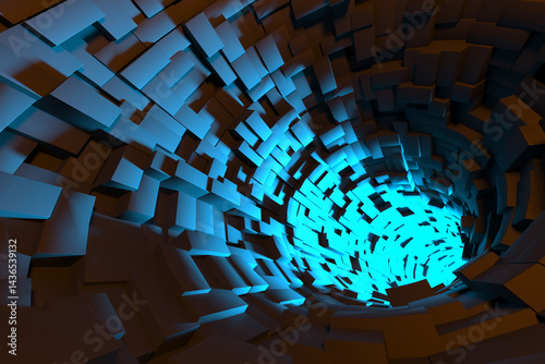 Fototapeta Naklejka Na Ścianę i Meble -  Futuristic geometric tunnel with glowing blue light for modern design concepts. 3d render