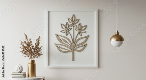 Minimalist beige frame with botanical leaf cutouts displayed in modern interior design