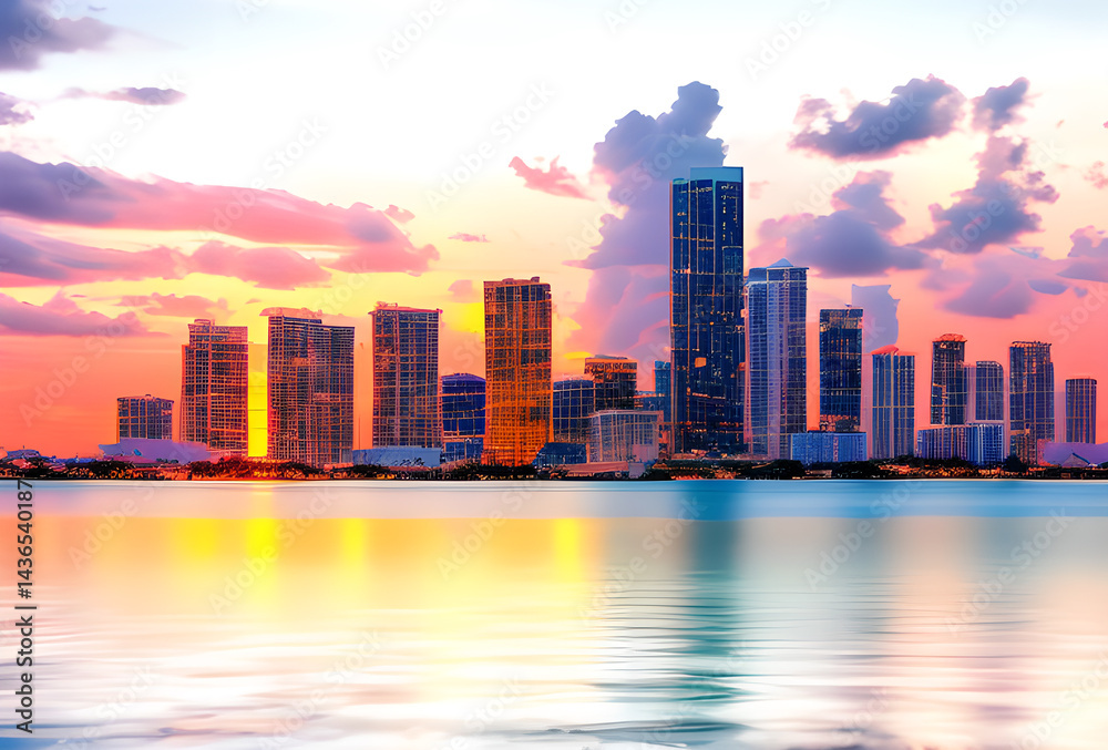 Fototapeta premium Stylized illustration of a city skyline reflected in water with bright colors and elongated shadows, high quality, generative ai