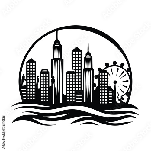 Silhouette Skyline Circular Urban Landscape with Tower, Trees, and Birds. 85 Chars