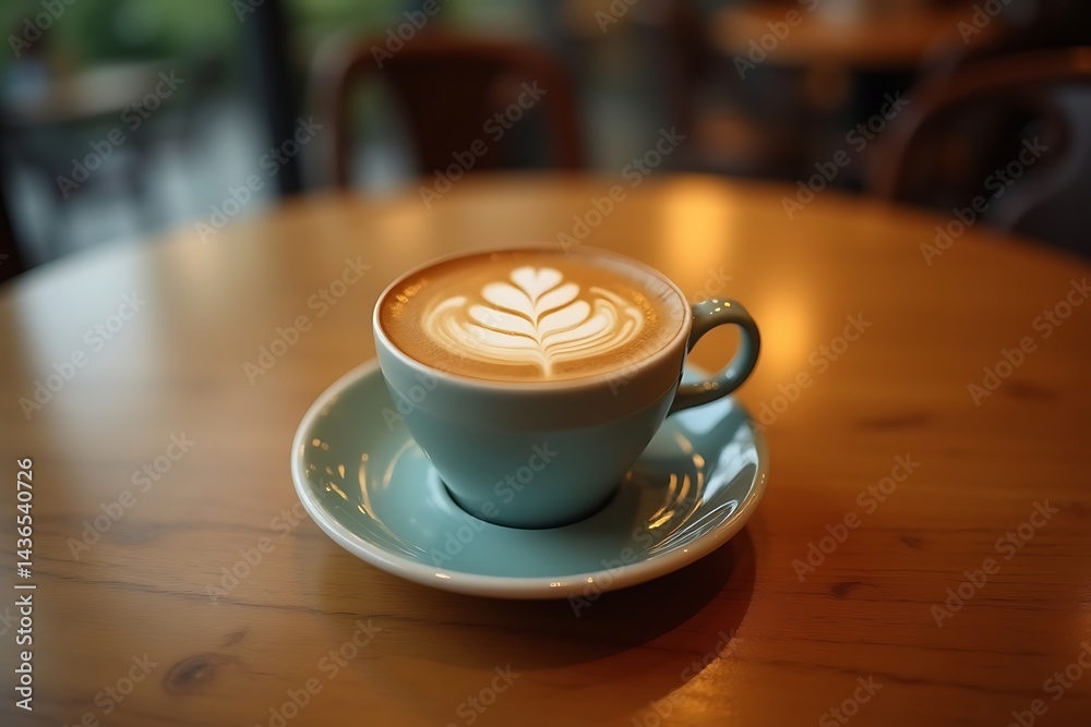 Obraz premium Latte Art in Teal Cup on Wooden Table: A Warm and Inviting Coffee Scene 