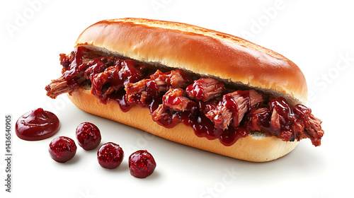 A juicy pulled pork sandwich with a sweet and tangy red sauce, complemented by glazed cranberries.